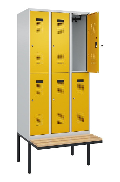 C+P Doppelstock-Spind Evolo PLUS, Bank, 6 Fächer, 2120x900x815mm, 7035/1004, Zylinderschloss, Sitzfläche Buche-Hartholz, 0493407-30 S10027