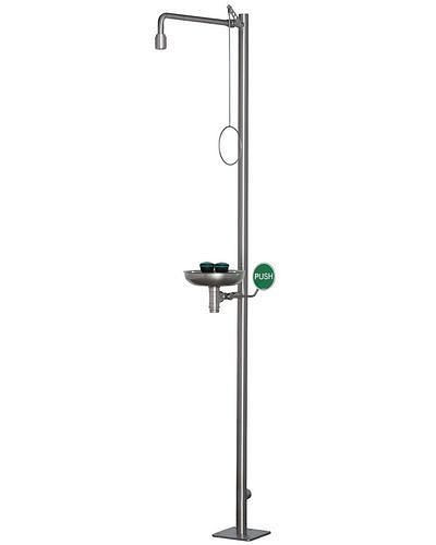 DENIOS Körper-Notdusche mit Augendusche und Auffangbecken, poliert, DVGW-Zulassung, 201254