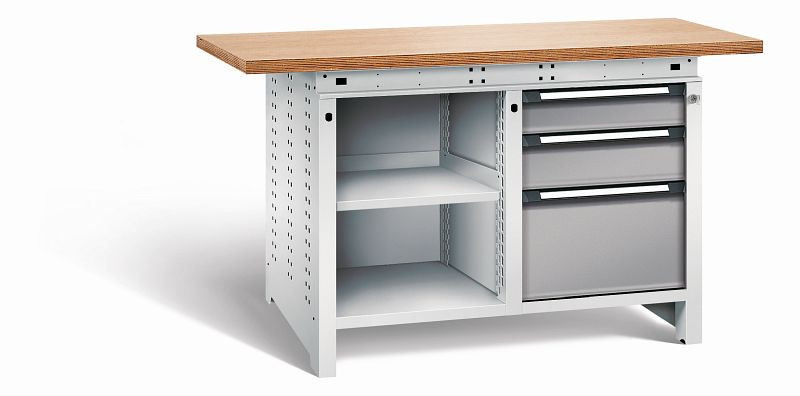 Otto Kind Werkbank Serie function Typ 212, Multiplexplatte, überstehend, 2x Unterbau, 1x Zentralverschluss, Gehäuse RAL 7035, Front RAL 7037, 072342267