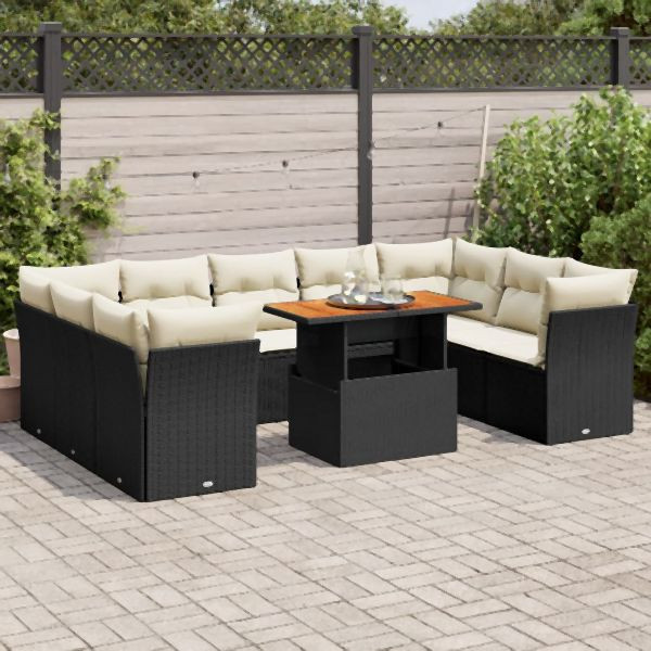 vidaXL 10-tlg. Garten-Sofagarnitur mit Kissen Schwarz Poly Rattan, 3326968