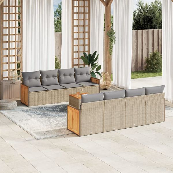 vidaXL 9-teilig Garten-Sofagarnitur mit Kissen Beige Poly Rattan, 3227501