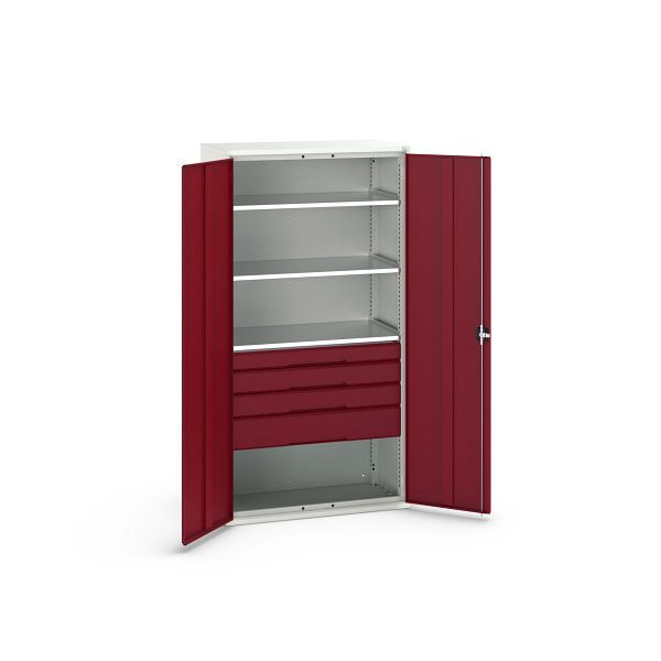 bott verso Flügeltürschrank mit Schubladen, mit 3 Fachböden und 4 Schubladen, BxTxH: 1050 x550 x 2000 mm, Lichtgrau / Purpurrot, 16926576.24