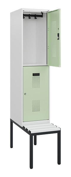 C+P Doppelstöckiger Spind Evolo PLUS, Bank, 2 Fächer, 1950x400x815mm, 9016/6019, Zylinderschloss, Sitzfläche Kunststoff, Sitzbank, 0493505-12 S10154