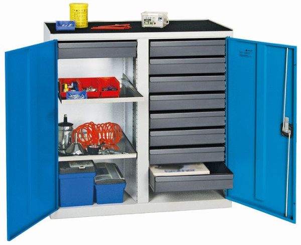 stumpf Werkzeugschrank, Höhe 100 cm, mit 2 Abteilen, 2 ausziehbare Wannenböden, 9 Schubladen, lichtgrau / lichtblau, 3002978