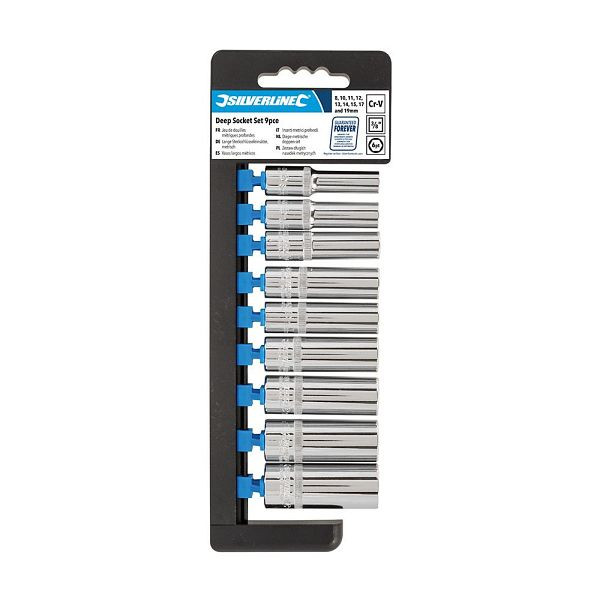 Silverline Sechskant-Steckschlüsseleinsätze, lang, metrisch, 3/8-Zoll-Antrieb, 9-tlg. Sat, 8–19 mm, 282407