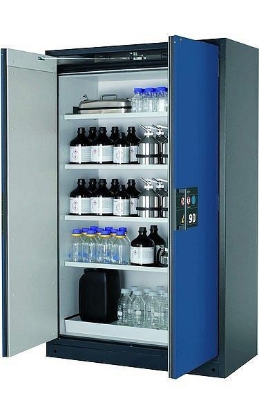 asecos Sicherheitsschrank Q-PEGASUS-90, Q90.195.120.WDAC in enzianblau RAL 5010 mit 4x Fachboden (Stahlblech), 30002-047-30004