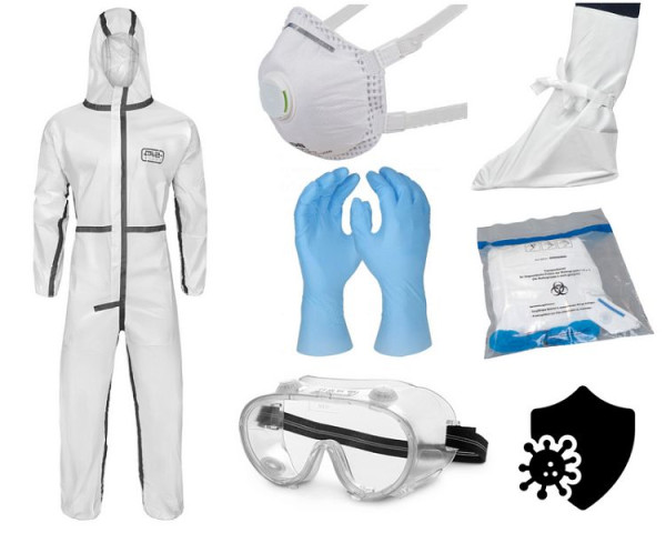ProSafe Ebolaschutz-BasicPLUS: PS2Plus-Overall, FFP3 Maske, Brille, Handschuhe, Überschuhe, Entsorgungsbeutel, M, SET-BPE / M