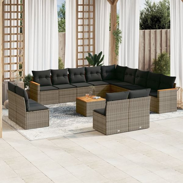 vidaXL 14-teilig Garten-Sofagarnitur mit Kissen Grau Poly Rattan, 3258896