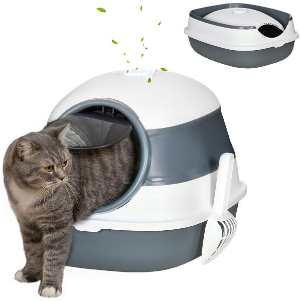 PawHut Katzentoilette, mit Streuschaufel, Eingang mit Bodengitter, abnehmbarer Deckel, weiß+grau, 52 x 41 x 38 cm, D31-066V00WT
