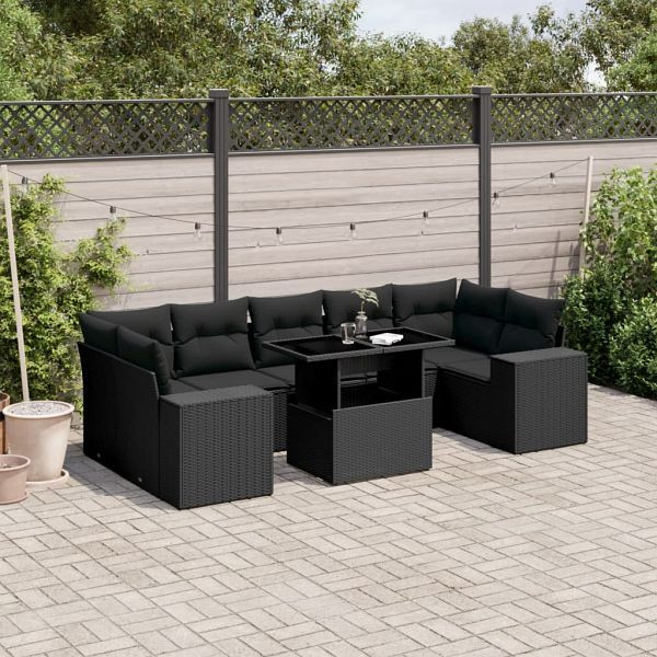 vidaXL 8-tlg. Garten-Sofagarnitur mit Kissen Schwarz Poly Rattan, 3269035
