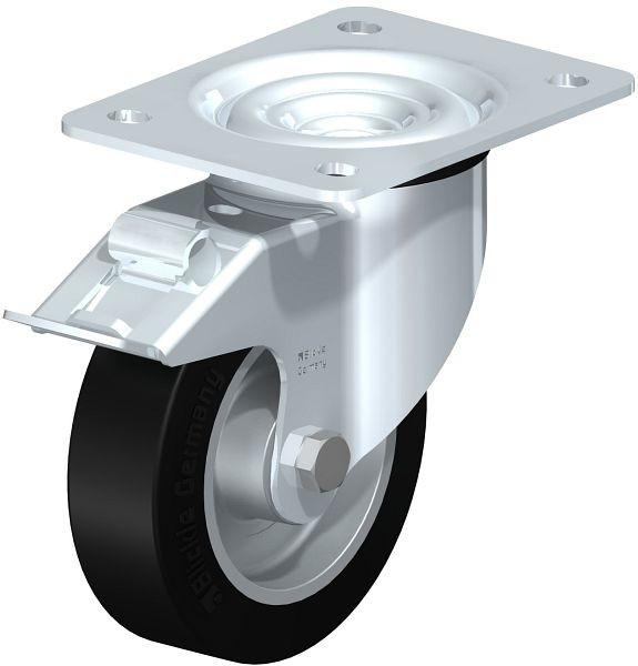 Blickle LK-ALEV 125K-3-FI-EL Stahlblech-Lenkrolle, schwere Ausführung, mit Anschraubplatte & Feststeller, Elastik-Vollgummi, Schwarz, 740257