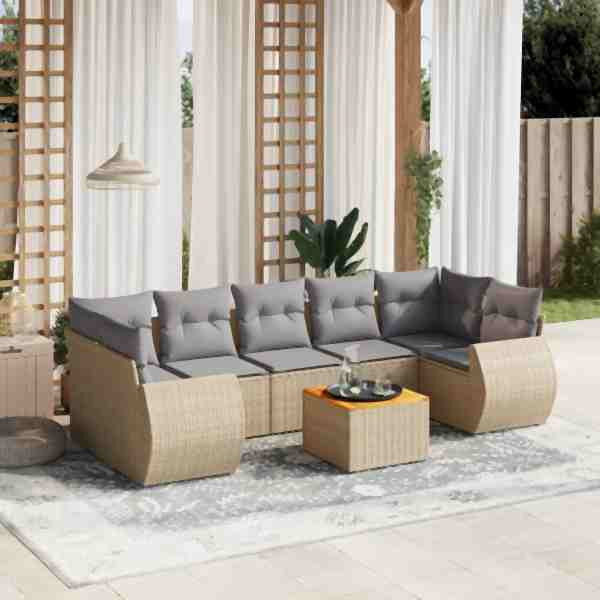 vidaXL 8-tlg. Garten-Sofagarnitur mit Kissen Beige Poly Rattan, UV-beständig, 3257249