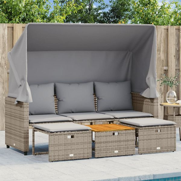 vidaXL Outdoor-Sofa 3-Sitzer mit Dach und Hockern Grau Poly Rattan, 365454