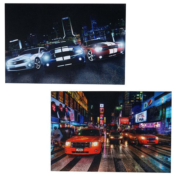 Mendler 2er-Set LED-Bild Leinwandbild Leuchtbild Wandbild 40x60cm, Timer, Cars, 36629