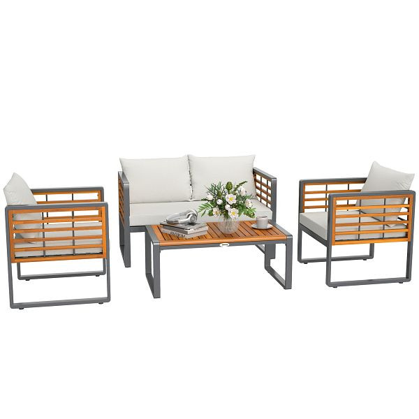 Outsunny 4-teiliges Gartenmöbel-Set, 2 Sessel, 1 Sofa, 1 Kaffeetisch, Sitzkissen, Akazienholz, Stahlgestell, Grau+Beige, 84G-543V90BG