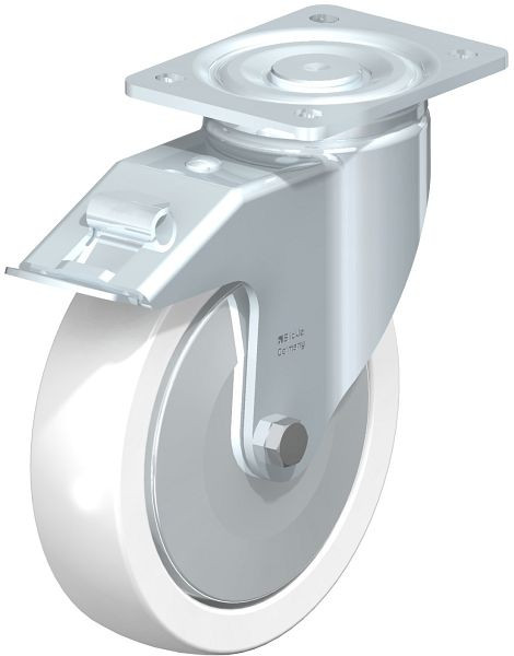 Blickle LH-SPO 200G-FI-FA Stahlblech-Lenkrolle, Schwerlast-Ausführung, mit Anschraubplatte & Feststeller, Polyamid, Weiß, 750197