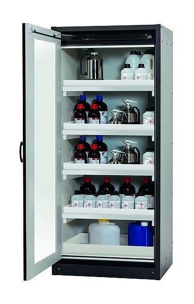 asecos Sicherheitsschrank Q-DISPLAY-30, Q30.195.086.WDFW in lichtgrau RAL 7035 mit 4x Wannenboden Standard (Polypropylen), 32781-061-30052