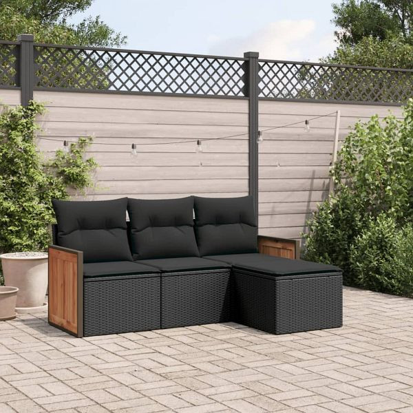vidaXL 4-teilig Garten-Sofagarnitur mit Kissen Schwarz Poly Rattan, 3227581