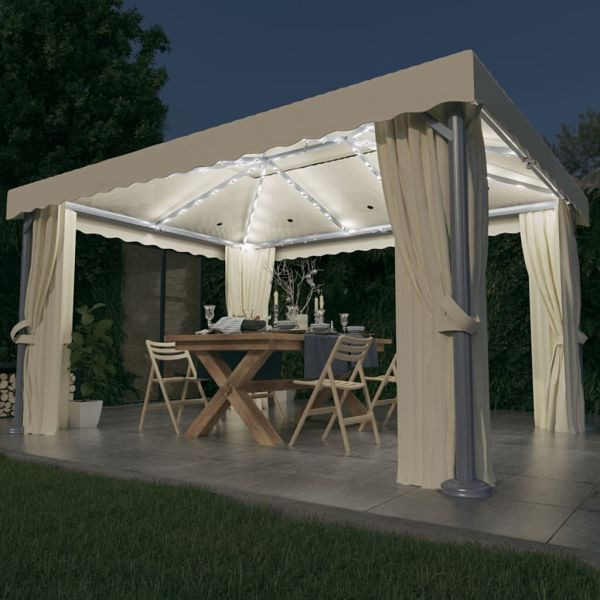 vidaXL Pavillon mit Vorhängen & LED-Lichterketten 4x3 m Cremeweiß, 3070353