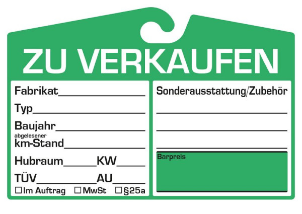 Eichner Verkaufsschild zur Befestigung am Innenspiegel, Grün, Preisfeld: neutral, VE: 25 Stück, 9220-00111