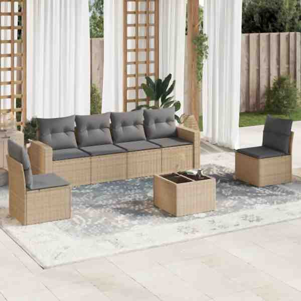 vidaXL 7-tlg. Garten-Sofagarnitur mit Kissen Beige Poly Rattan, UV-beständig, 3218809