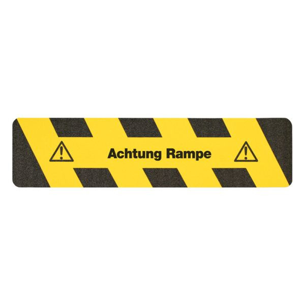 m2 Antirutschbelag Warnmarkierung schwarz/gelb mit Text "Achtung Rampe" Streifen 150x610mm, M141500610