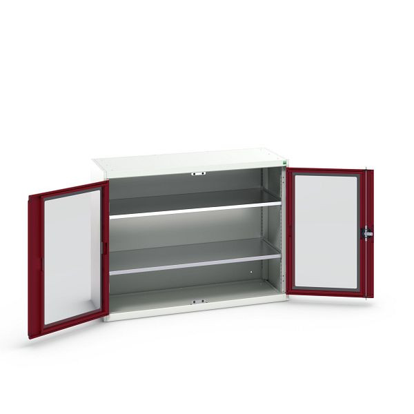 bott verso Flügeltürschrank mit Sichtfenster, mit 2 Fachböden, BxTxH: 1300 x 550 x 1000 mm, Lichtgrau / Purpurrot, 16926662.24