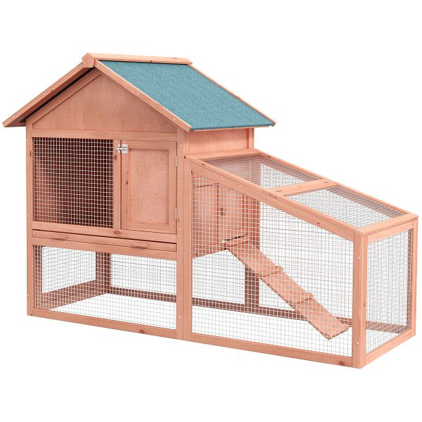 PawHut Kaninchenstall aus Holz auf Zwei Etagen mit Rampe 144x64,5x100 cm Hasenstall mit wasserabweisend Bitumendach Kleintierstall Winterfest, D51-121
