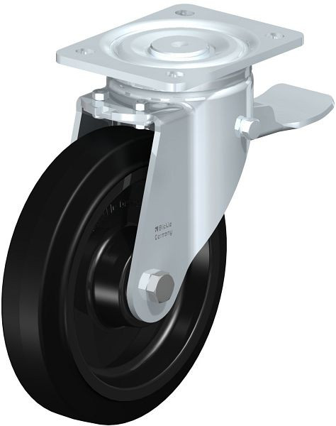 Blickle LH-POEV 200XKA-ST Stahlblech-Lenkrolle, Schwerlast-Ausführung, mit Anschraubplatte & Feststeller, Elastik-Vollgummi, Schwarz, 851908