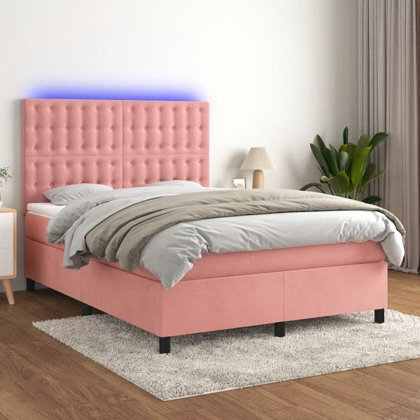 vidaXL Boxspringbett mit Matratze & LED Rosa 140x200 cm Samt, 3136370