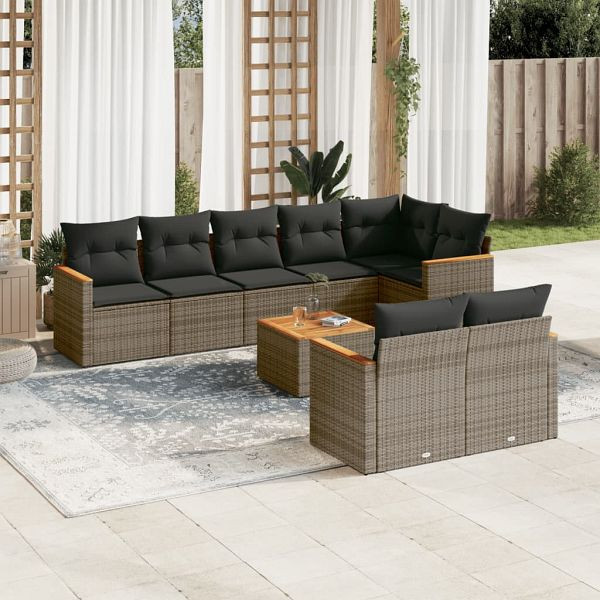 vidaXL 9-teilig Garten-Sofagarnitur mit Kissen Grau Poly Rattan, 3226158