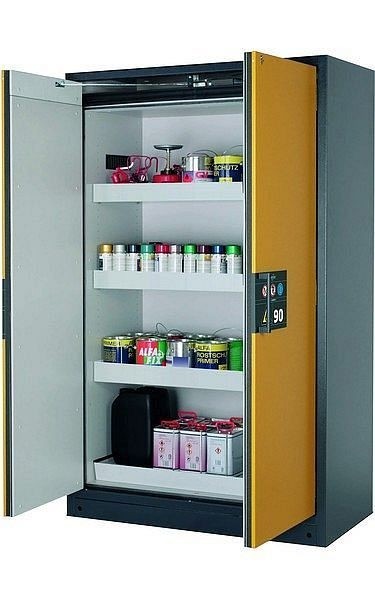 asecos Sicherheitsschrank Q-PEGASUS-90, Q90.195.120.WDAC in sicherheitsgelb RAL 1004 mit 3x Wannenboden Standard (Stahlblech), 30002-040-30007