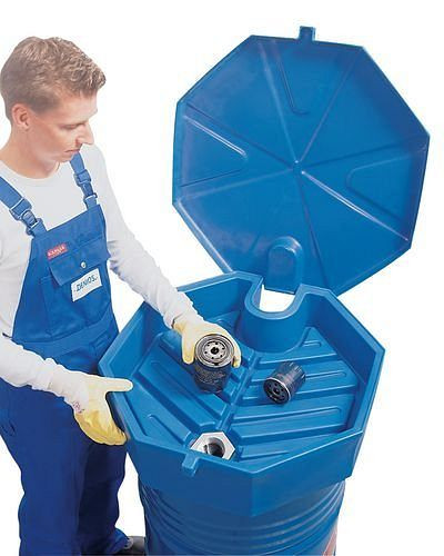 DENIOS Fasstrichter aus Polyethylen (PE), Wabenform, 22 Liter Volumen, mit Adapter und Deckel, 114882
