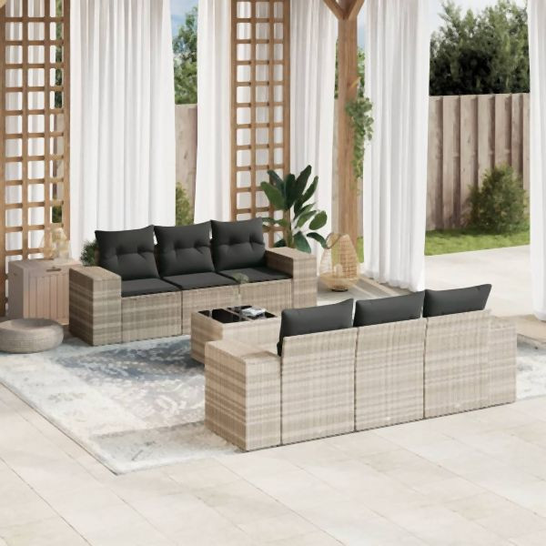 vidaXL 7-tlg. Garten-Sofagarnitur mit Kissen Hellgrau Poly Rattan, 3222311
