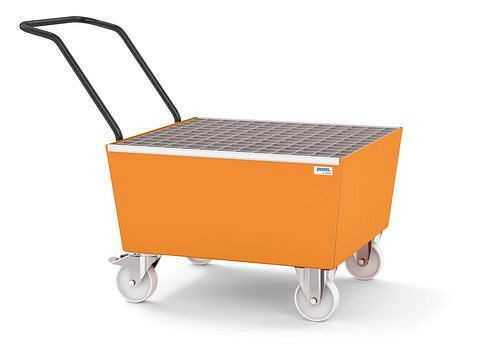DENIOS Fahrbare Auffangwanne base-line für 1 Fass à 200 l, orange lackiert, mit Gitterrost, 255180