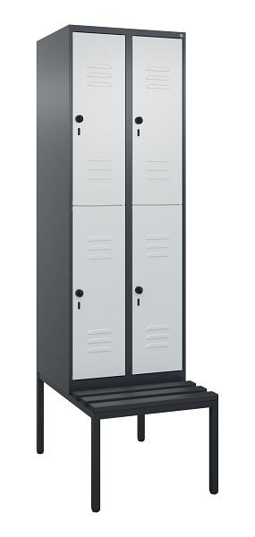 C+P Doppelstöckiger Spind Classic PLUS, 2 Abteile, 2120x600x815mm, 7016/7035, Drehriegel, mit untergebauter Sitzbank, 0803507-20 S10118
