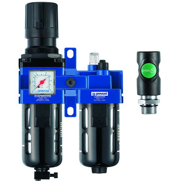 Prevost ALTO3-Doppelblock- Filterregler mit Manometer, Öler, Wandbefestigungsset+ Zwischenstück ungeölte Luft, G 1/2, Kupplung=ISI 06, KTB SM3IS