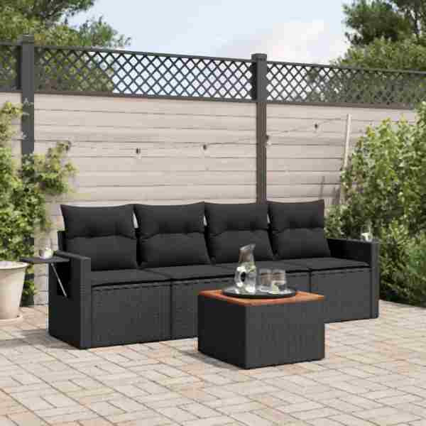 vidaXL 5-tlg. Garten-Sofagarnitur mit Kissen Schwarz Poly Rattan, UV-beständig, 3256769