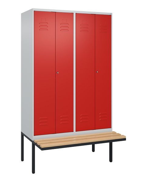 C+P Umkleidespind Classic PLUS, Doppel-Spind, 4 Abteile, 2120x1200x815mm, 7035/3020, Zylinderschlösser, Buche-Sitzleisten, 0800427-40P S10059