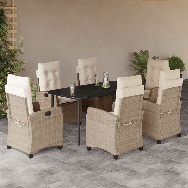 vidaXL 7-teilig Garten-Essgruppe mit Kissen Beige Poly Rattan, 3212807