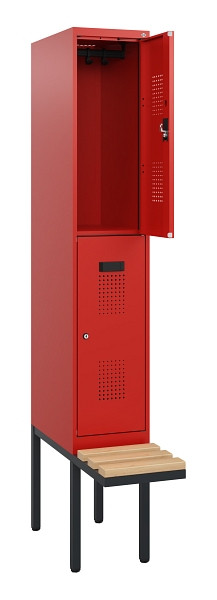 C+P Doppelstock-Spind Evolo PLUS, Bank, 2 Fächer, 1950x300x815mm, 3020/3020, Zylinderschloss, Sitzfläche Buche-Hartholz, 0493405-10 S10076