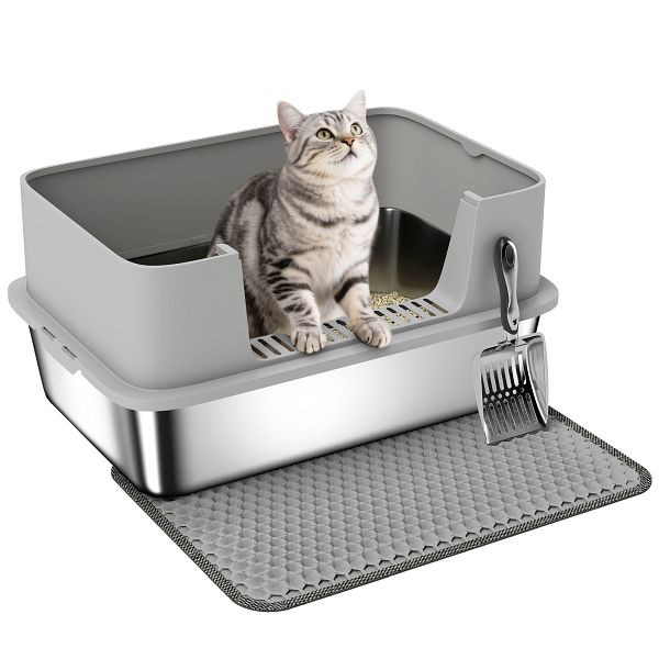 PawHut Katzentoilette Edelstahl Offene Katzenklo mit Schaufel hohem Rand Matte für Katzen bis 7 kg, D31-145V02GY