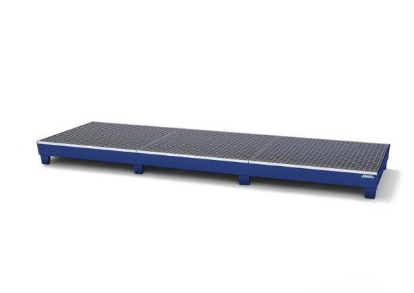 DENIOS Auffangwanne aus Stahl für 12 Fässer à 200 Liter, 3670 x 1210 x 263 mm, mit Gitterrost, 328440