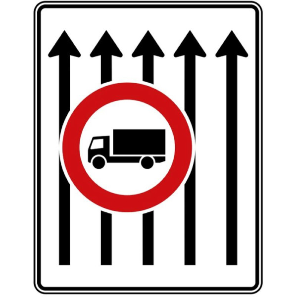Stein HGS Fahrstreifentafel ohne Gegenverkehr, RA2/Flachform 3mm, ohne Entfernungsangabe, 1600x1250mm, 5 Streifen in Fahrtrichtung, 4 Streifen mit Verbot für Kraftfahrzeuge über 3,5 t, 524-33-123
