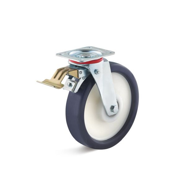 Torwegge Elastik-Polyurethan Lenkrolle mit Doppelstopp, Tragfähigkeit 400 kg, Rad-Ø 250 mm, Radbreite 60 mm, Ausladung 66 mm, 0030110