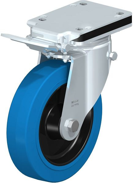 Blickle LH-POEV 200XR-IS-SB Stahlblech-Lenkrolle, Schwerlast-Ausführung, mit Anschraubplatte & Feststeller, Elastik-Vollgummi, Blau, 851871