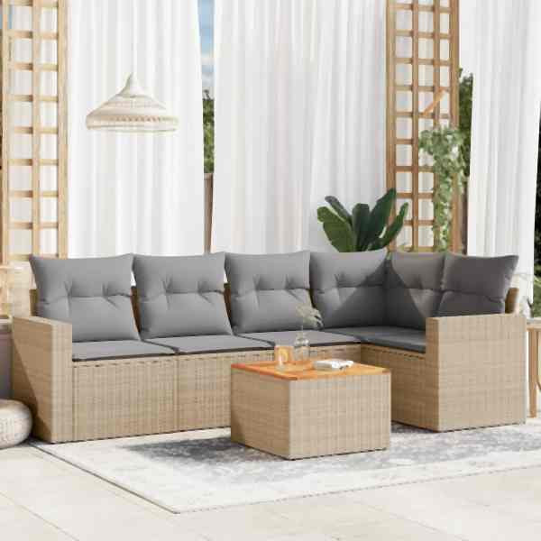 vidaXL 6-tlg. Garten-Sofagarnitur mit Kissen Beige Poly Rattan, UV-beständig, 3224113