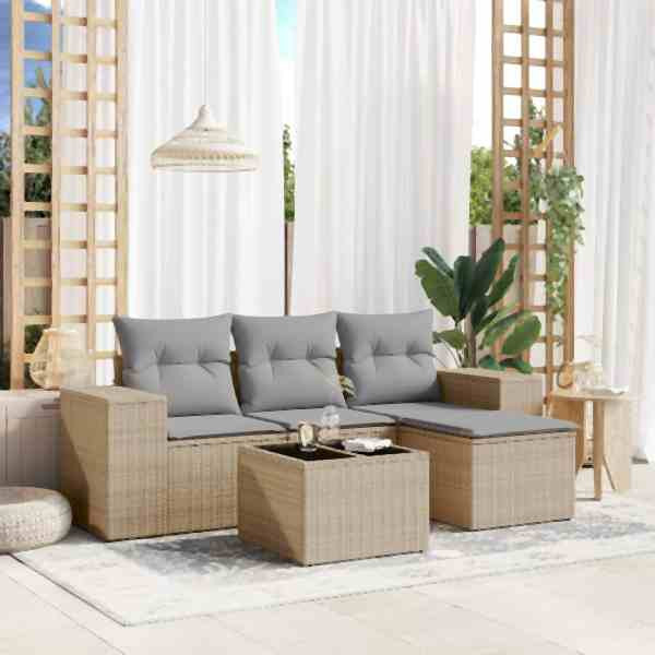 vidaXL 5-tlg. Garten-Sofagarnitur mit Kissen Beige Poly Rattan, UV-beständig, 3254816