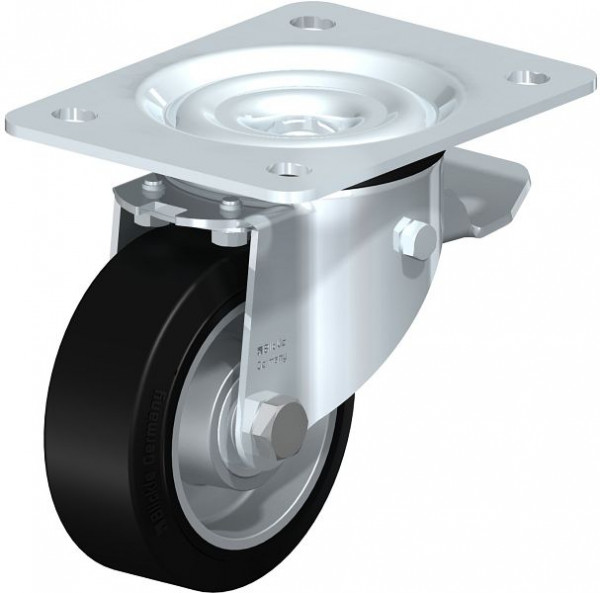 Blickle LK-ALEV 100K-3-ST Stahlblech-Lenkrolle, schwere Ausführung, mit Anschraubplatte & Feststeller, Elastik-Vollgummi, Schwarz, 555896