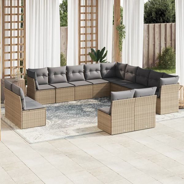 vidaXL 13-teilig Garten-Sofagarnitur mit Kissen Beige Poly Rattan, 3218489